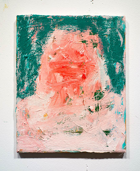 In this painting there is a central red mashed figure like a portrait but totally obscured, set against a swamp vapor background.