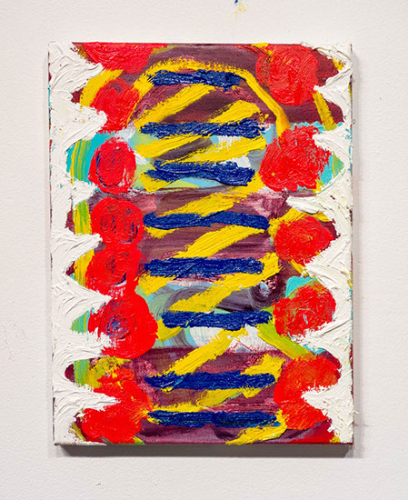 A small painting with a scalloped white vertical border keeping vertical red dots in order with a yellow zig zag in the center and blue stripes.