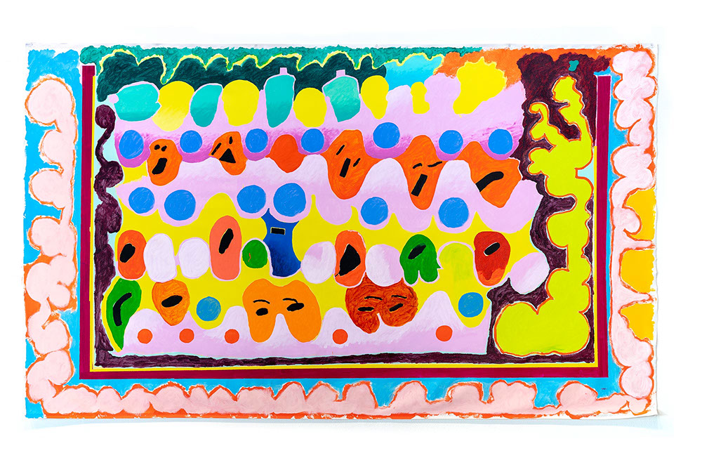 Large acrylic painting with colorful rows of face like orbs surrounded by colorful curdled clouds
