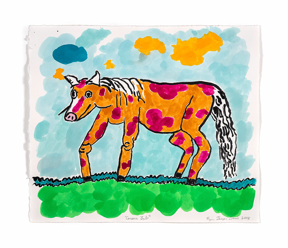 watercolor painting of a goofy orange horse with magenta spots walking along a jagged line on top of a green field with blue sky background