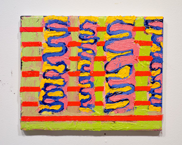 Horizontal stripes and inset squiggles make this painting feel like the inside of an intestinal tract. 