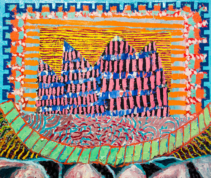 A castle made of irratating patterns looms in the distance framed by a party border and wicked smile in the foreground.