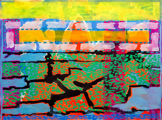 Gouache and watercolor painting on paper that uses contrasting patterns and vivid colors to make a vibrating mountain. 