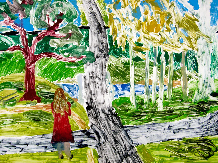 Multi run monoprint on paper that uses saturated yet washy colors to show a woman who considers a cross roads in a sunny park.